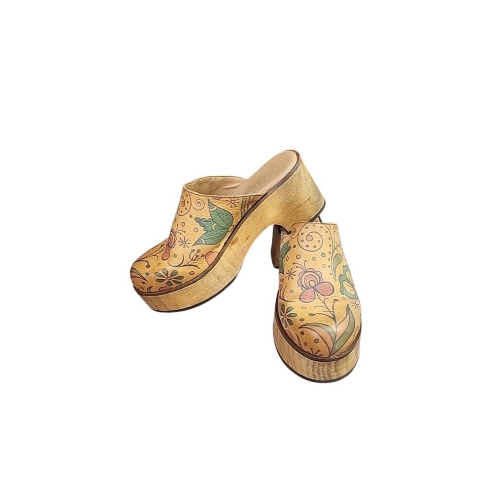 Free People Floral Leather Wooden Platform Clogs Mules Tan US 9 Boho Hippy